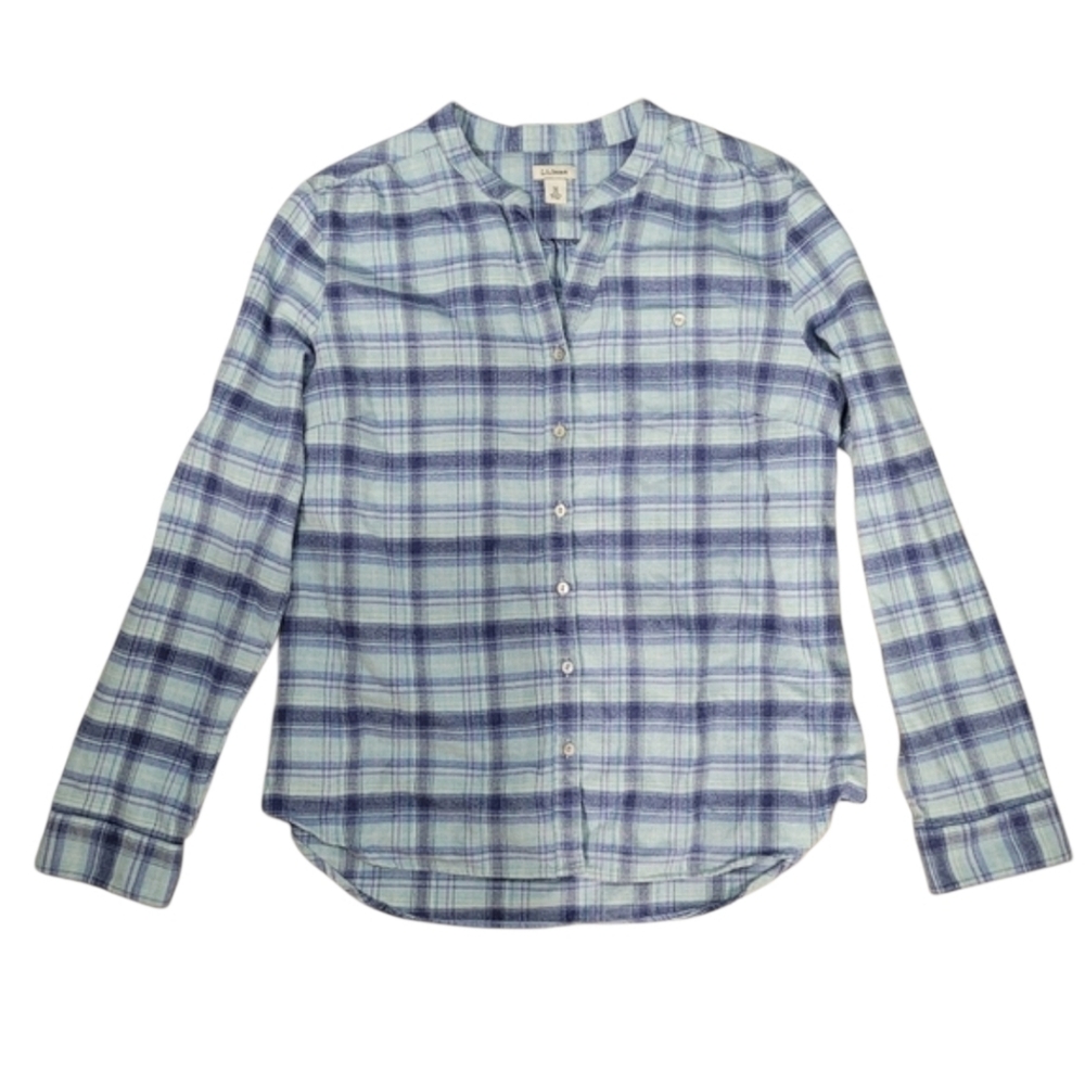 L.L. Bean Blue Plaid Collarless Shirt Women's Size Medium